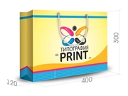 заказать печать Бумажный пакет тираж 100 штук горизонтальный, А3 формата , размер 400x300x120 мм, бумага 200 г/м² + с ламинацией, установка люверсов и ручки-шнурка